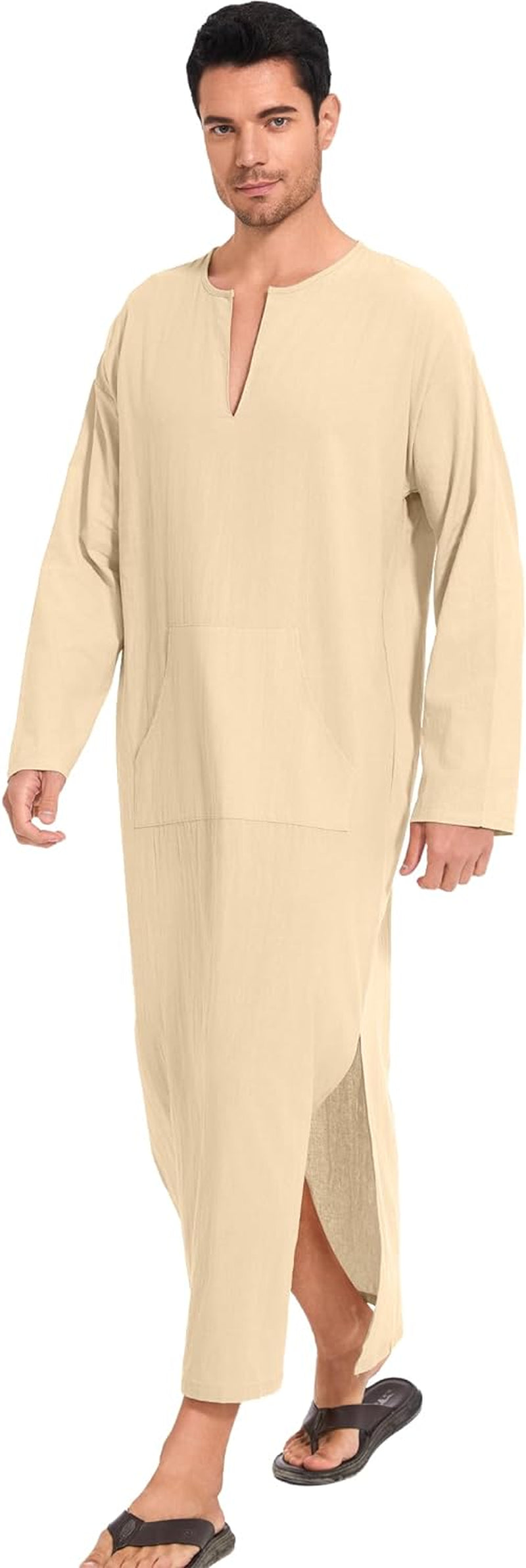 Men'S Kaftan Thobe Long Sleeve Men Thobe Robe Side Split Men Thobe with Pockets Casual Thobe