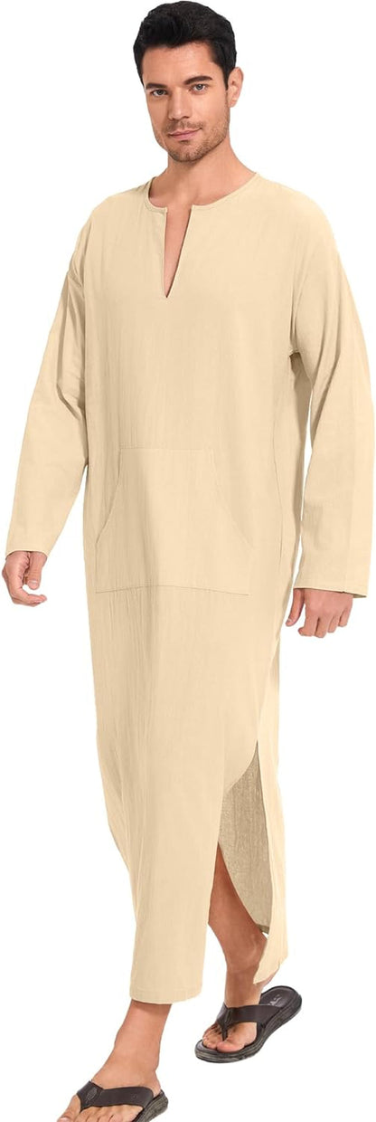 Men'S Kaftan Thobe Long Sleeve Men Thobe Robe Side Split Men Thobe with Pockets Casual Thobe