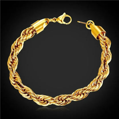 Cool Men Rope Chain Bracelet 6MM 8.3 Inches - 3 Colors Black, Silver, Gold