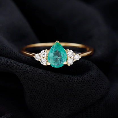 Pear Shape Emerald Solitaire Ring with Diamond for Women - 5X7 Mm (AAA Grade), 14K Yellow Gold, US 3.00