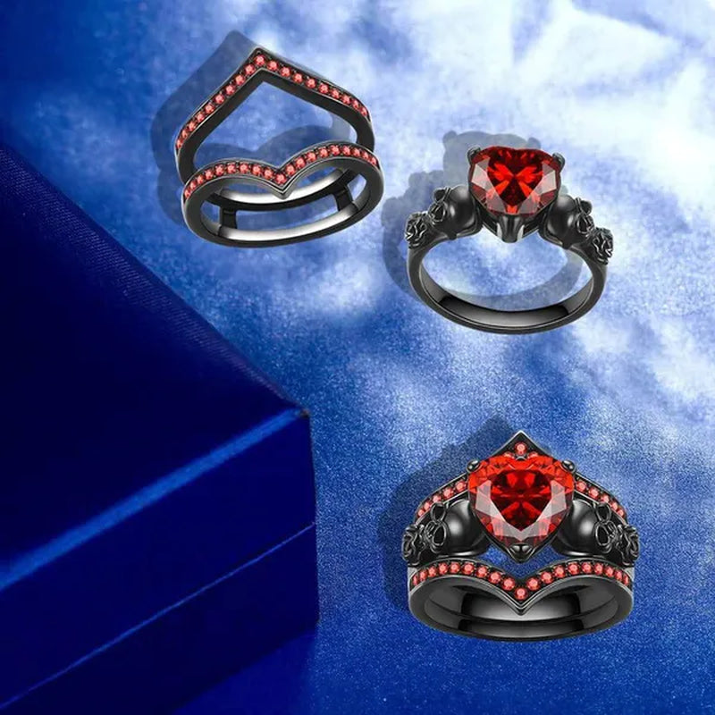 Gothic Skull Black Rings Set Women Rose Flower Red Purple Heart Love Zircon Crystal Christmas Anniversary Engagement Gift