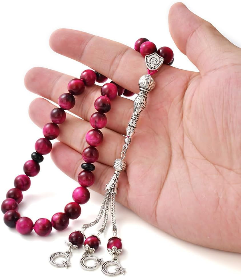 Tasbih Prayer Beads 33 Pink Tiger Eye Stone (33 Beads - 10 Mm) - Masbaha Muslim Rosary - Zikr, Dhikr Subha - Chapelet - Tasbeeh - Islamic Gifts for Women - Handmade Sibha - Eid Gifts - WORLD TIME VISITS