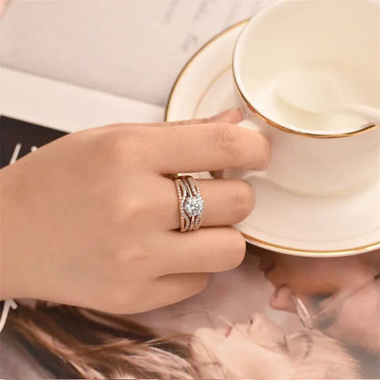 Newshe Two-tone Rose Gold 925 Silver Solitaire Brilliant Round Engagement Rings Set CZ Wedding Band For Women Jewelry Sz 4-13 - WORLD TIME VISITS