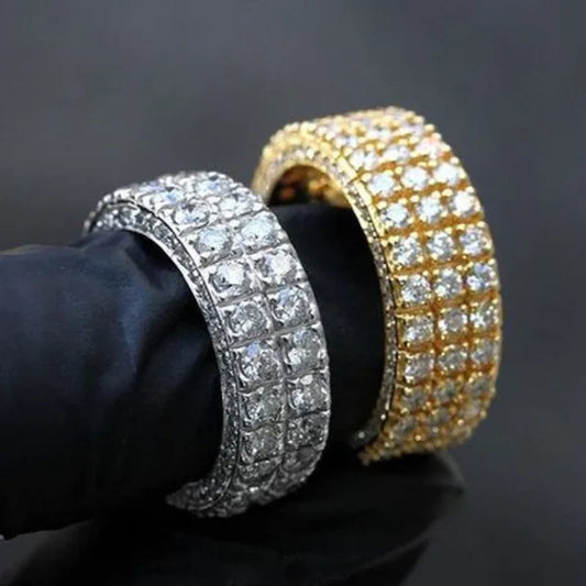Fashion Silver Plated Micro Pave 2 Row Lab Diamond Gold Pave Setting 3 Row Lab Diamond Rings for Men Women Punk Hip Hop Jewelry Full Lab Diamond Ring - WORLD TIME VISITS