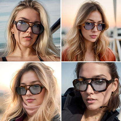 Trendy Designer Inspired Aviator Sunglasses for Women Men Hexagonal Square Thick Frame Double Bridge Sun Glasses - WORLD TIME VISITS