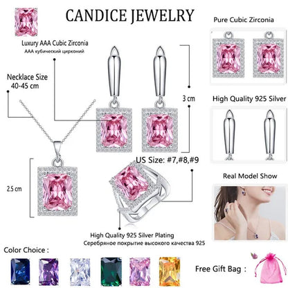 CANDICE Top Grade Bright Square Yellow Pave Sterling Silver Pendant Necklace Earrings and Ring with Tiny CZ Stone Jewelry 3 Pcs Sets for Women Dress Accessories
