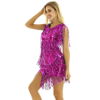 Womens V Neck Sleeveless Sparkling Sequin Tassels Ballroom Samba Tango Latin Dance Dress Stage Performance Costumes