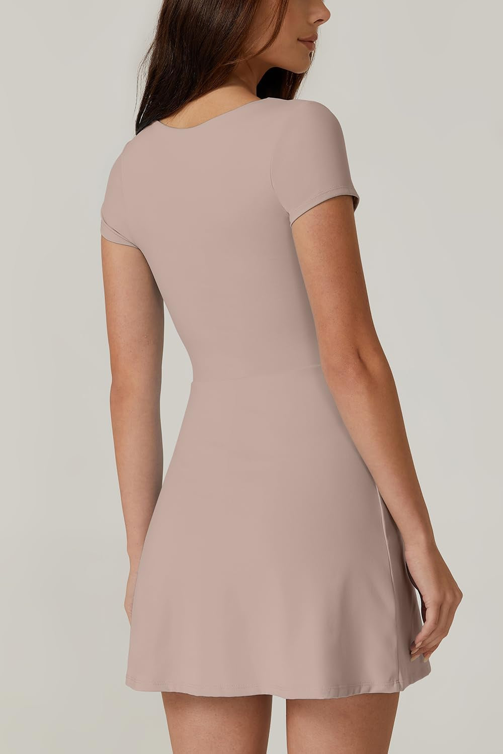 Womens Square Neck Tennis Dress Short Sleeve Built in Shorts Golf Athletic Dress with Pockets - WORLD TIME VISITS