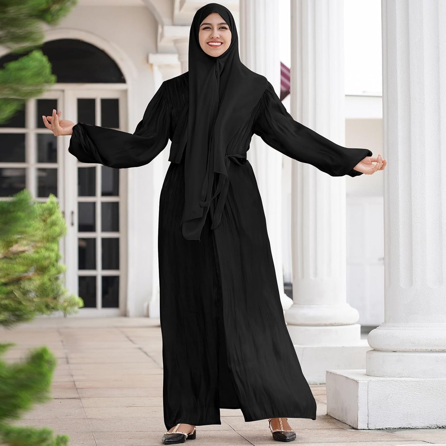Women Silk Muslim Dresses Abaya with Hijabs Scarf Open Front Cardigan Maxi Dress Dubai Robe Islamic Middle East Ethnic Dress