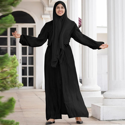 Women Silk Muslim Dresses Abaya with Hijabs Scarf Open Front Cardigan Maxi Dress Dubai Robe Islamic Middle East Ethnic Dress