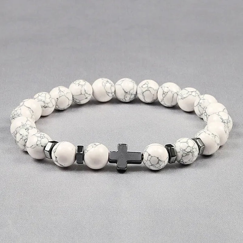 Hot Men Natural Tiger Eye Beads Hematite Cross Bracelets Onyx Meditation Prayer Bead Bracelet Women Stone Yoga Jewelry Homme