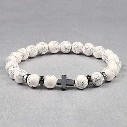 Hot Men Natural Tiger Eye Beads Hematite Cross Bracelets Onyx Meditation Prayer Bead Bracelet Women Stone Yoga Jewelry Homme