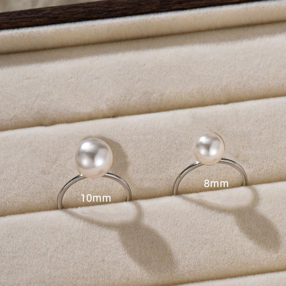 Shell Pearl 925 Sterling Silver Ring for Women Girls Adjustable Expandable round Ball Wedding Statement Finger Rings Comfort Fit Simple Elegant Engagement Promise Birthday Jewelry Gift
