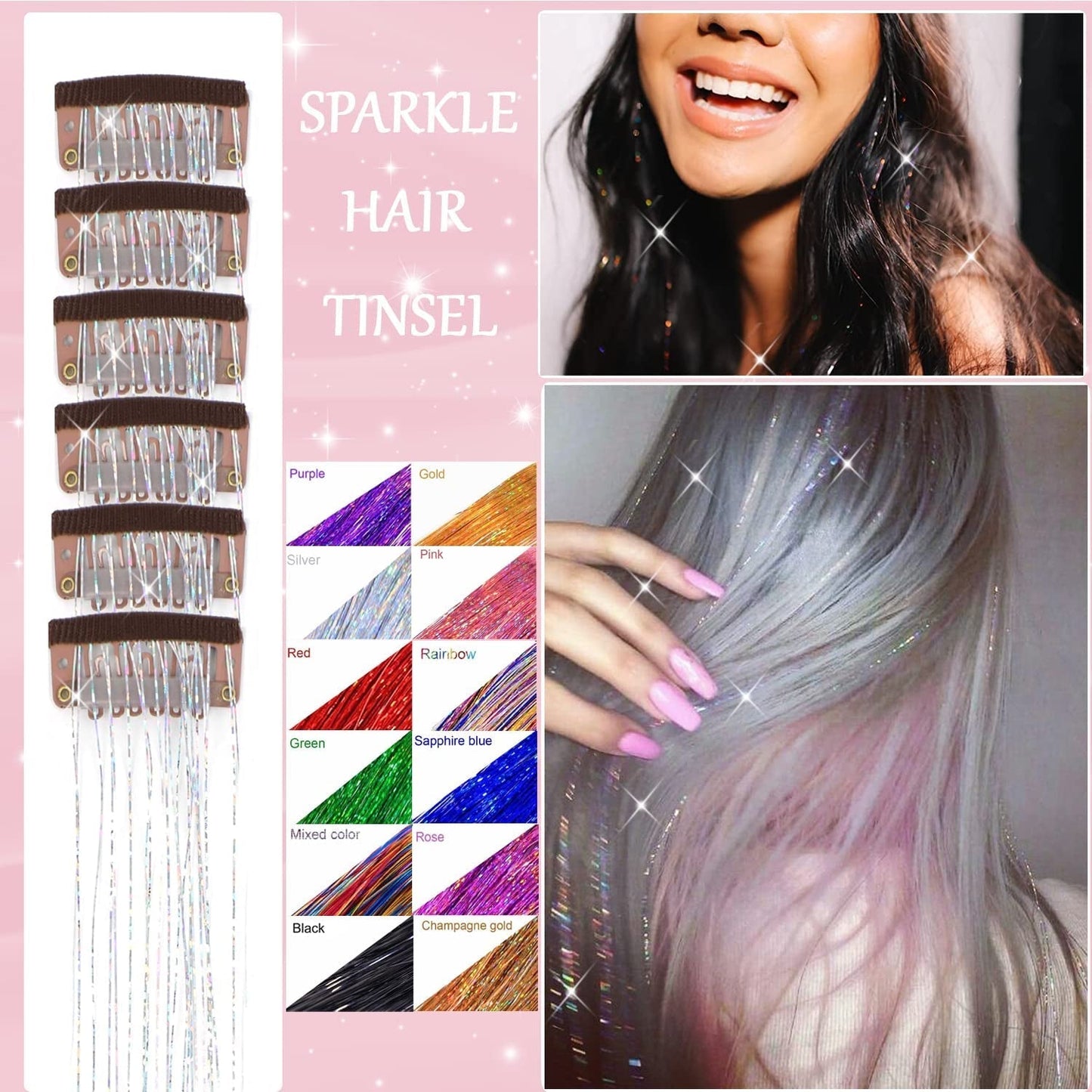 23.6Inch Clip in Hair Tinsel Kit, Silver Hair Tinsel Heat Resistant Fairy Hair Tinsel Clip in Glitter Hair Extensions, Tinsel Hair Sparkles Festival Hair Accessories for Women Girls (Silver)