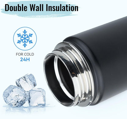 Stainless Steel Water Bottle with Straw & Wide Mouth Lid, Wide Rotating Handle, 24Oz Double Wall Vacuum Insulated Water Bottle Leak Proof, BPA Free, Keep Cold and Hot, 24Oz, Black