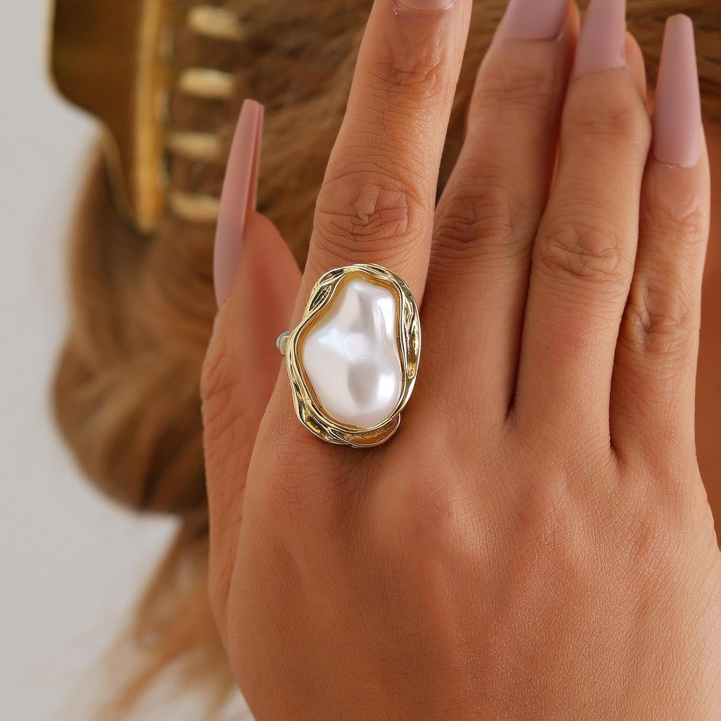 Irregular Pearl Adjustable Ring for Women, Gold Index Finger Ring Jewelry Vintage Chunky Ring