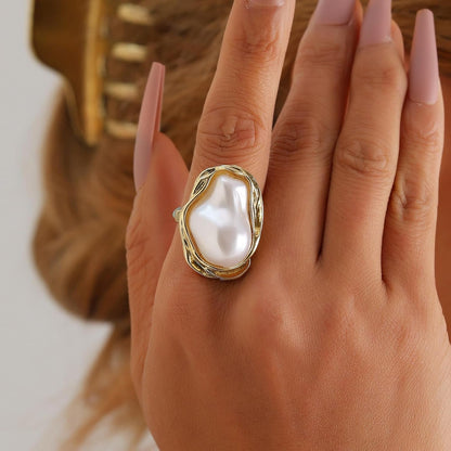 Irregular Pearl Adjustable Ring for Women, Gold Index Finger Ring Jewelry Vintage Chunky Ring