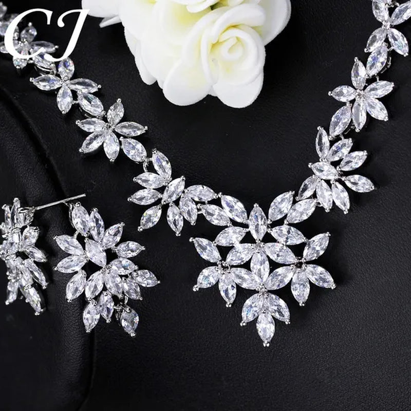 CANDICE High Quality White Gold Plated Wedding Jewelry Set Pave Luxury CZ Stone African Nigerian Big Flower Dangle Earrings Necklace for Bride