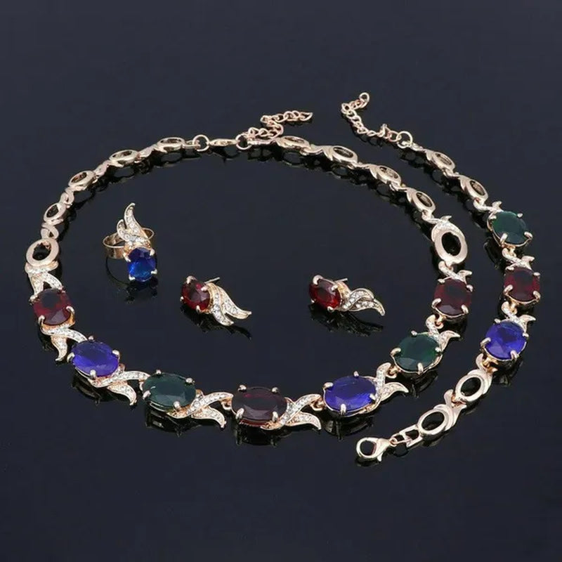 Women Gold Plated Crystal Zircon Ruby Pendant Wedding Party Necklace Bracelet Ring Earring Jewelry Sets