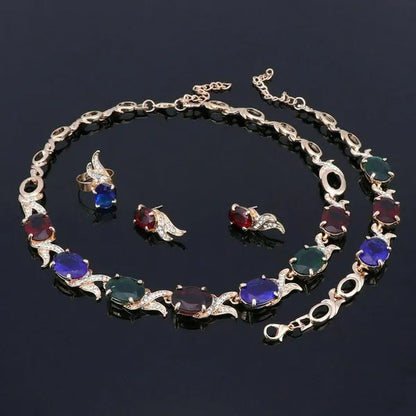 Women Gold Plated Crystal Zircon Ruby Pendant Wedding Party Necklace Bracelet Ring Earring Jewelry Sets