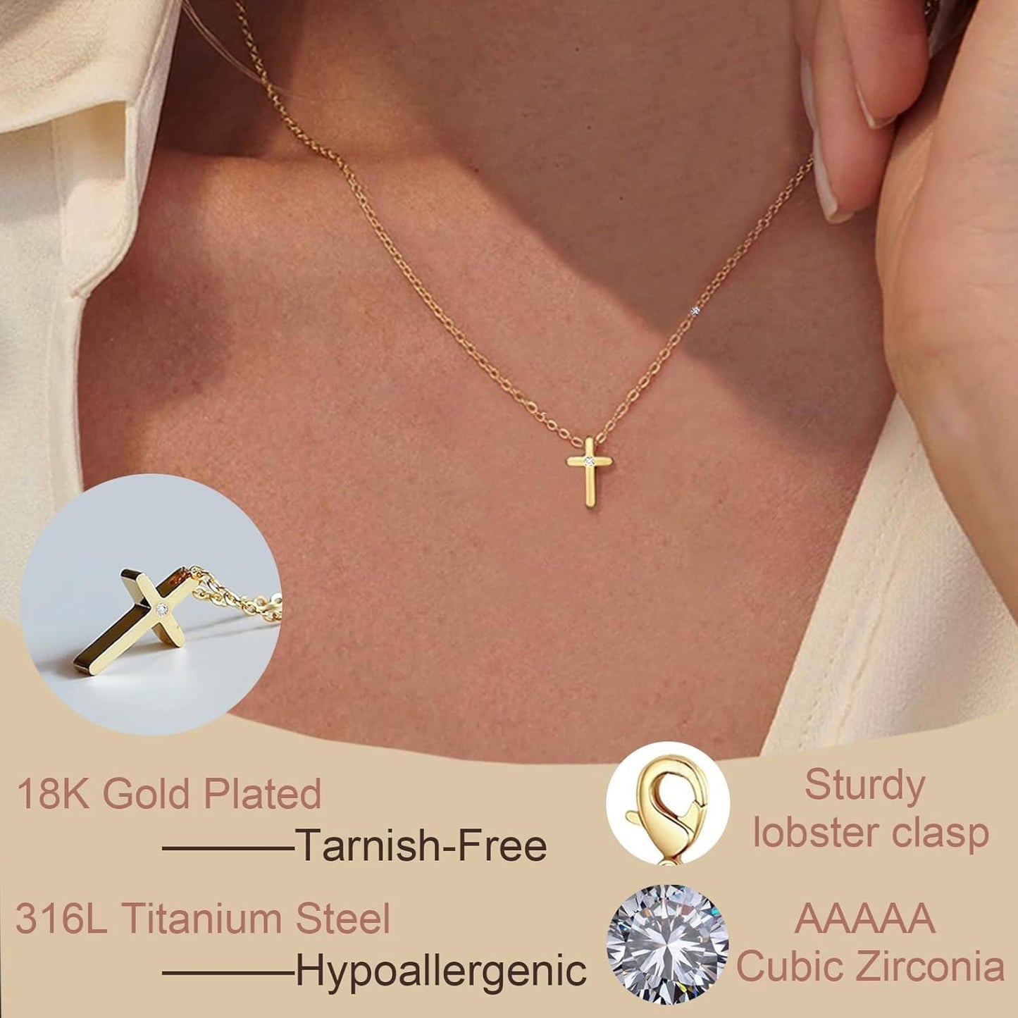 Cross Necklace for Women, Dainty Cute Small 18K Gold Plated Cross Necklace, Trendy Charm Stainless Steel Cubic Zirconia Cross Necklace, Gold Jewelry Gifts for Women(Valentines Day Gifts for Her)