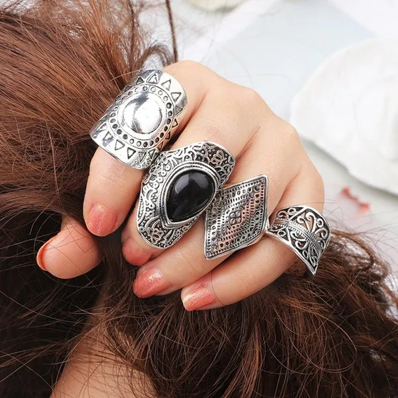 4Pcs/Set Vintage Silver Gypsy Boho Ethnic Ring Hollow Carved Gem Diamond Women  Rings - WORLD TIME VISITS