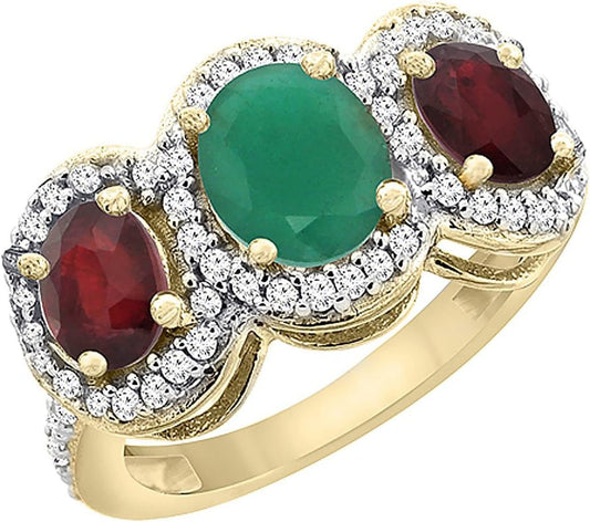 14K Yellow Gold Natural Cabochon Emerald & Enhanced Ruby 3-Stone Ring Oval Diamond Accent, Sizes 5-10