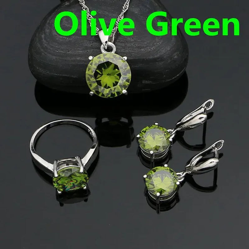 White Topaz 925 Sterling Silver Jewelry Ring Pendant Chain Earrings Set Classic Wedding Jewelry for Women Bride 3Pcs