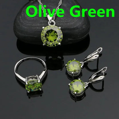 White Topaz 925 Sterling Silver Jewelry Ring Pendant Chain Earrings Set Classic Wedding Jewelry for Women Bride 3Pcs