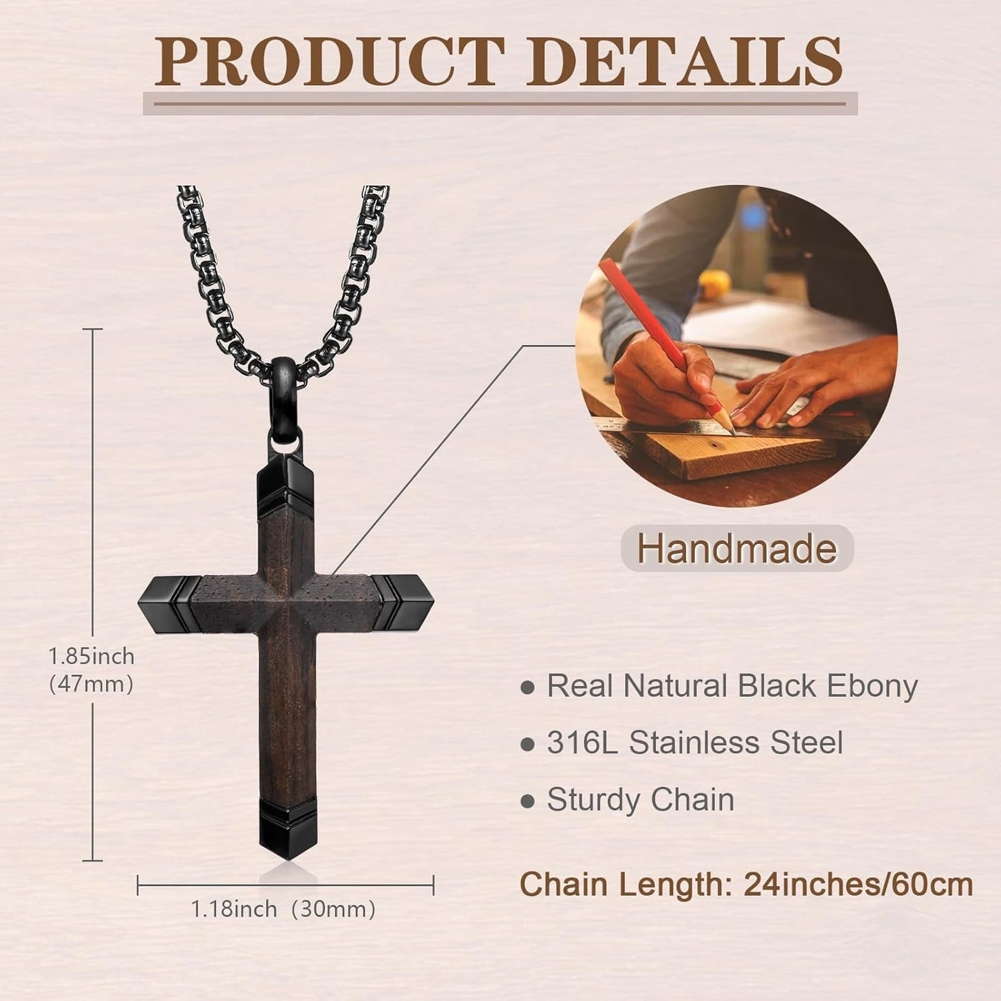Wooden Cross Bible Verse Necklace for Men, Hawaiian Handmade Real Black Ebony Wood Cross Pendant Stainless Steel Chain, Mens Cross Necklaces Koa Wood Jewelry Christian Baptism Easter Gifts