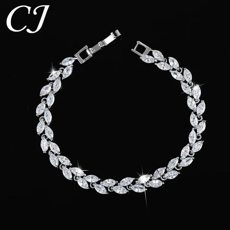 CANDICE 100% Real Silver Female Jewelry Simple Leaf Shape Multicolor Cubic Zirconia Strand Bracelet For Lady