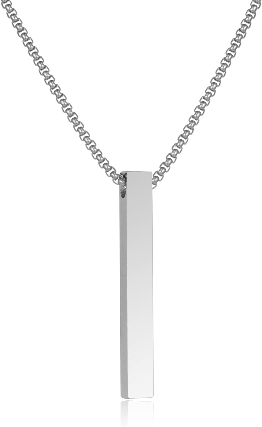 Bar Pendant Necklace for Men Stainless Steel Box Chain Pendant Men’S Necklace Jewelry Length 22Inch - WORLD TIME VISITS