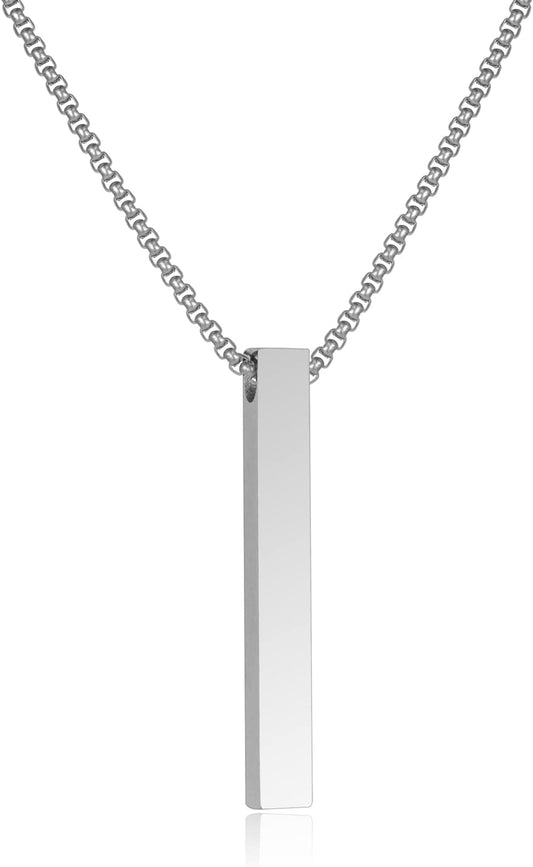Bar Pendant Necklace for Men Stainless Steel Box Chain Pendant Men’S Necklace Jewelry Length 22Inch - WORLD TIME VISITS