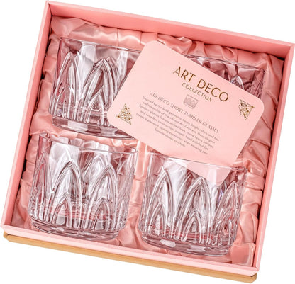 Vintage Art Deco Crystal Lowball Cocktail Glasses | Set of 4 | 11 Oz Short Tumbler Rocks Glassware for Drinking Craft Bar Drinks | Heavy Based Old Fashioned Glasses for Women