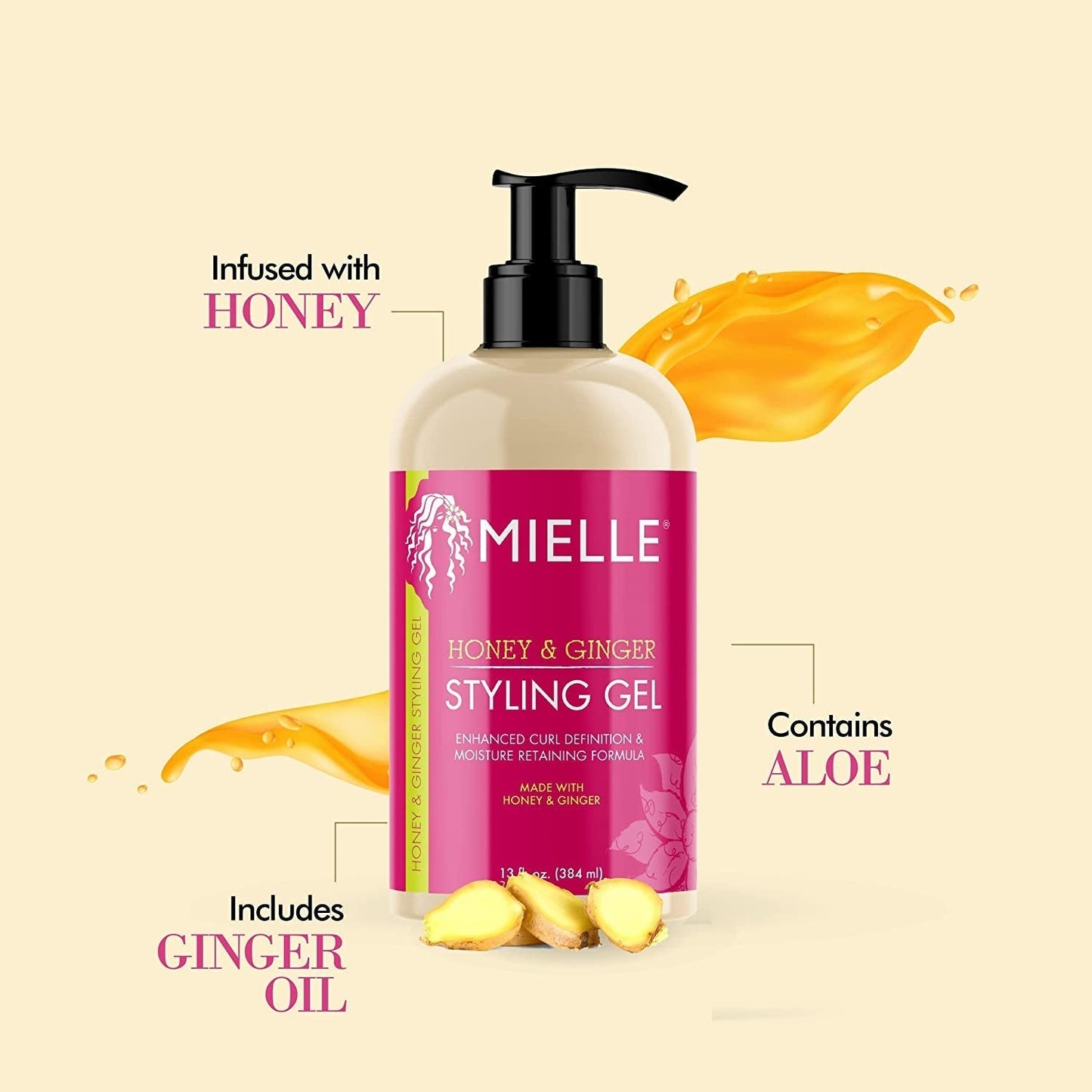 Honey & Ginger Styling Gel for Enhanced Curl Definition and Moisture Retaining with Aloe for Dry, Curly, Thick, and Frizzy Hair, Non-Sticky, 13 Ounces