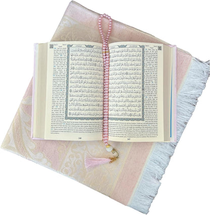 English Translate Thermo Leather Covered Quran, Tafta Prayer Mat and Beads Set |Quran Size:8X5.5X1.2 İnch/20X14X3Cm | Muslim Prayer Mat | Great Ramadan Gifts for Muslim Men,Women (Pink, 1 Sets)