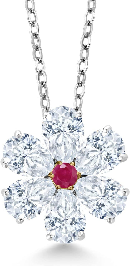 925 Sterling Silver and 10K Yellow Gold Red Ruby and White Moissanite Pear Shape Flower Pendant Necklace for Women (2.46 Cttw, with 18 Inch Chain) - WORLD TIME VISITS