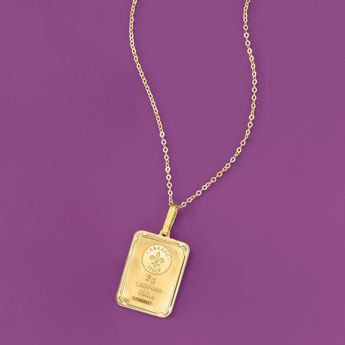 Italian 24Kt Yellow Gold Fleur-De-Lis 2-Gram Ingot Pendant Necklace with 14Kt Yellow Gold Frame. 20 Inches