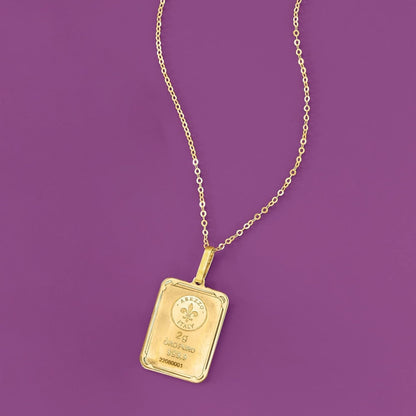 Italian 24Kt Yellow Gold Fleur-De-Lis 2-Gram Ingot Pendant Necklace with 14Kt Yellow Gold Frame. 20 Inches