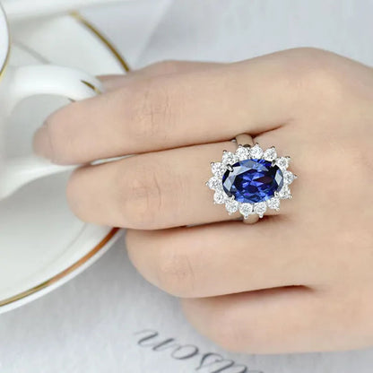 Newshe 6 Carats Oval Created Blue Tanzanite Gemstone Statement Ring for Women AAA CZ Cocktail Party Ring 925 Sterling Silver Sz 5-12