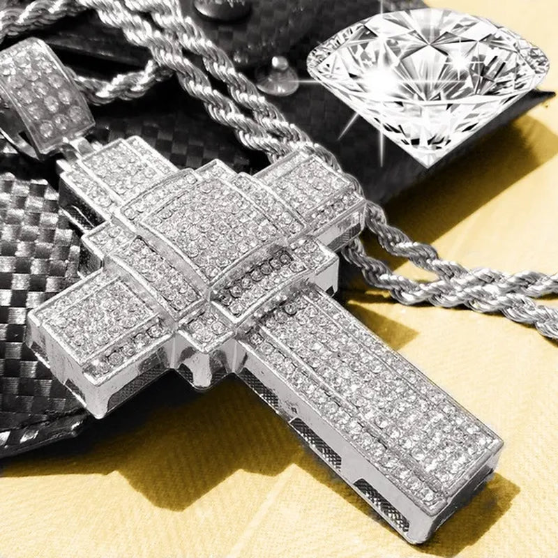 Fashion Necklace Men Women Cross Pendant Necklace Gold/Silver Stainless Steel Diamond Necklace Pendant - WORLD TIME VISITS
