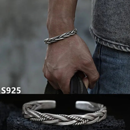 925 Sterling Silver Twisted Woven Bracelet Man Women Neutral Retro Thai Original Handmade Exquisite Unique Opening Bangle Gift - WORLD TIME VISITS