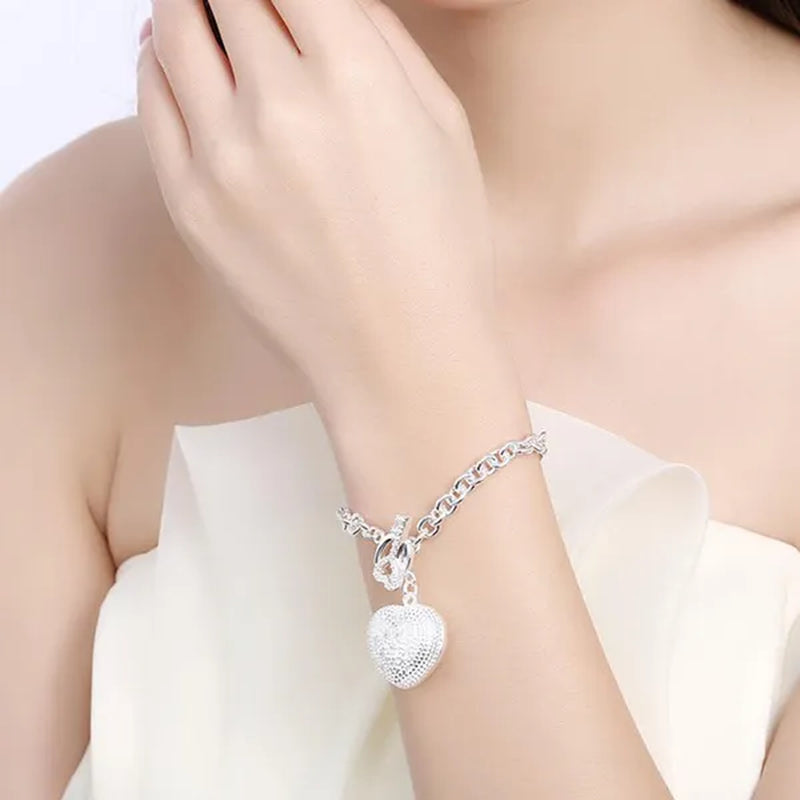925 Sterling Silver Cute Crystal Heart Pendant Bracelet Necklace Set for Woman Wedding Engagement Party Charm Jewelry Gift