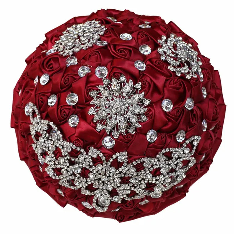 21CM Creative Handmade Diamond Flower Brooch Bouquet Ribbon Silk Rose Wedding Flower Bridal Bouquet Bridesmaid Holding Flowers