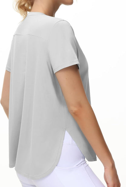 Women'S Workout T-Shirts Loose Fit Short Sleeve Cotton Running Basic Tee Tops with Split Hem