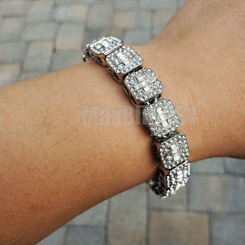 Hip Hop Gold Silver Iced Lab Diamond Baguette Stone Chain Fashion Bracelet
