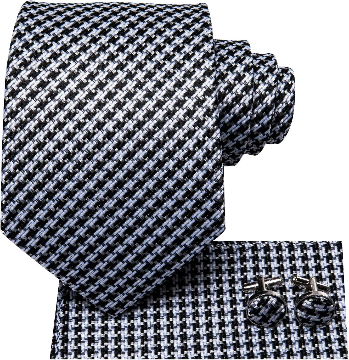 Mens Plaid Ties Classic Paisley Necktie with Handkerchief Cufflinks Set Business Stripe Tie