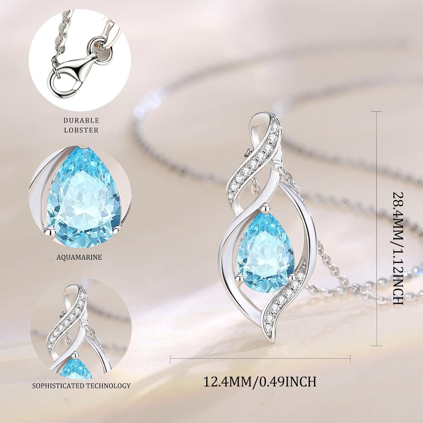 Birthstone Necklace for Women Teardrop Necklace S925 Sterling Silver Infinity Love Birthday Gifts for Mom Women Girls, 16"+2" Inches
