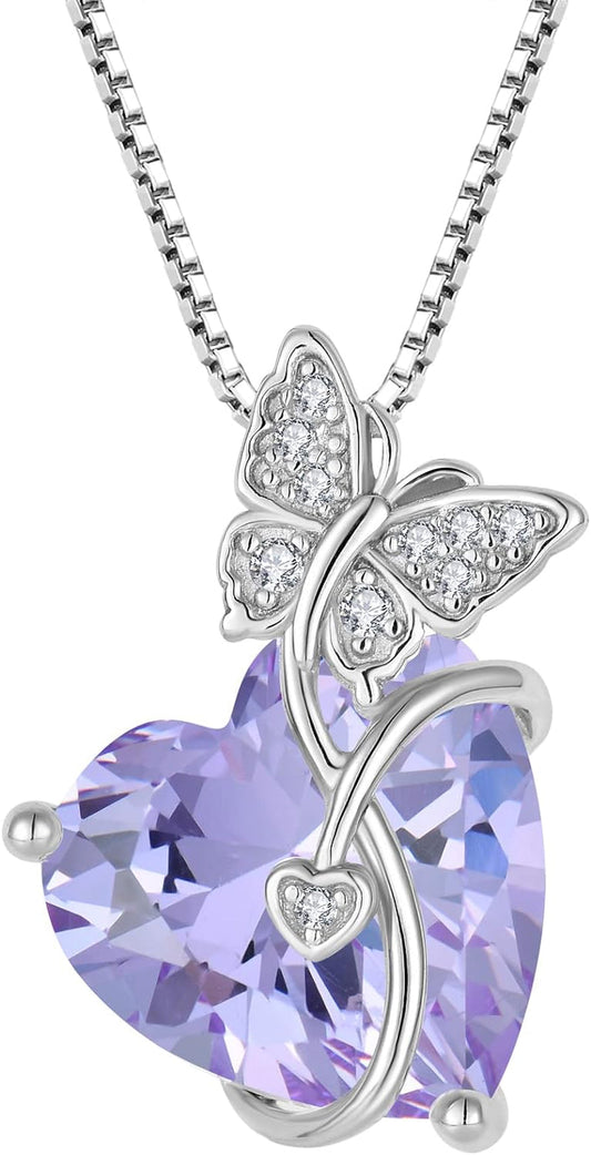 Butterfly Necklace for Women 925 Sterling Silver Love Heart Pendant Necklace Birthstone Jewelry Gifts for Wife Girlfriend Mom Daughter