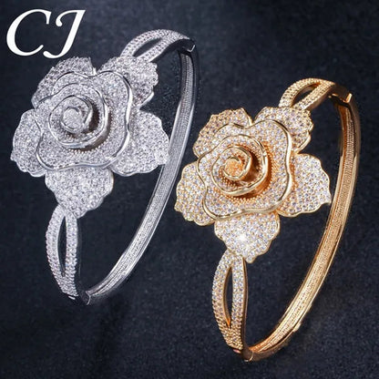 CANDICE Exquisite Open Cuff Style Paving Cubic Zirconia White Gold Plating Women Large Flower Bangle Bracelets Jewelry for Evening Party Wedding